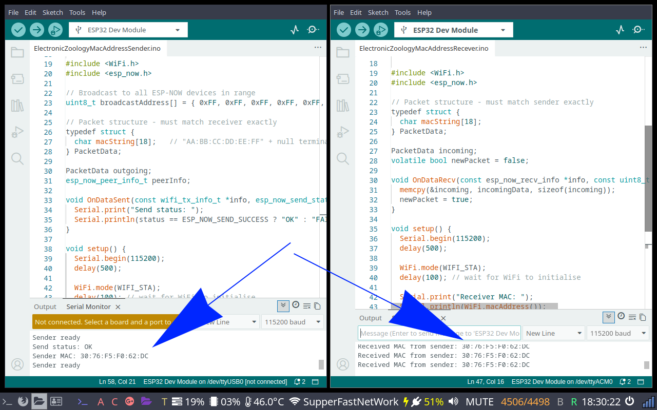 Arduino IDE showing sender and receiver serial monitors side by side - sender reporting Send status: OK and its MAC address, receiver printing the received MAC every five seconds