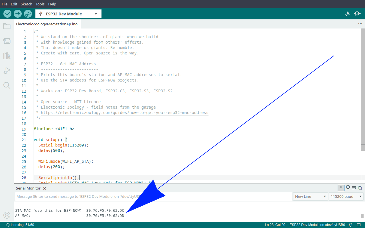 Arduino IDE Serial Monitor showing STA and AP MAC addresses printed by the sketch