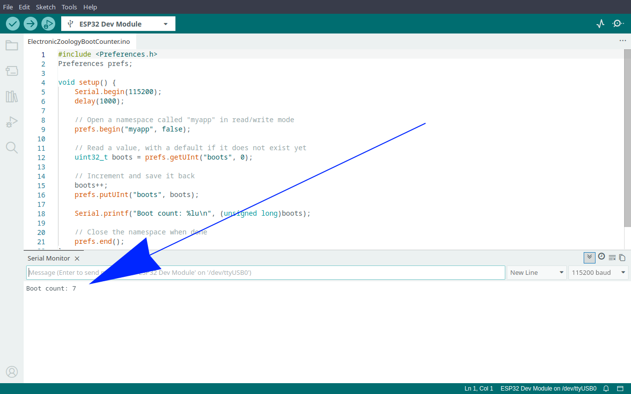 Arduino IDE serial monitor showing Boot count: 7