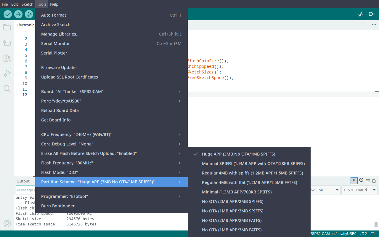Arduino IDE partition scheme dropdown with Huge APP selected