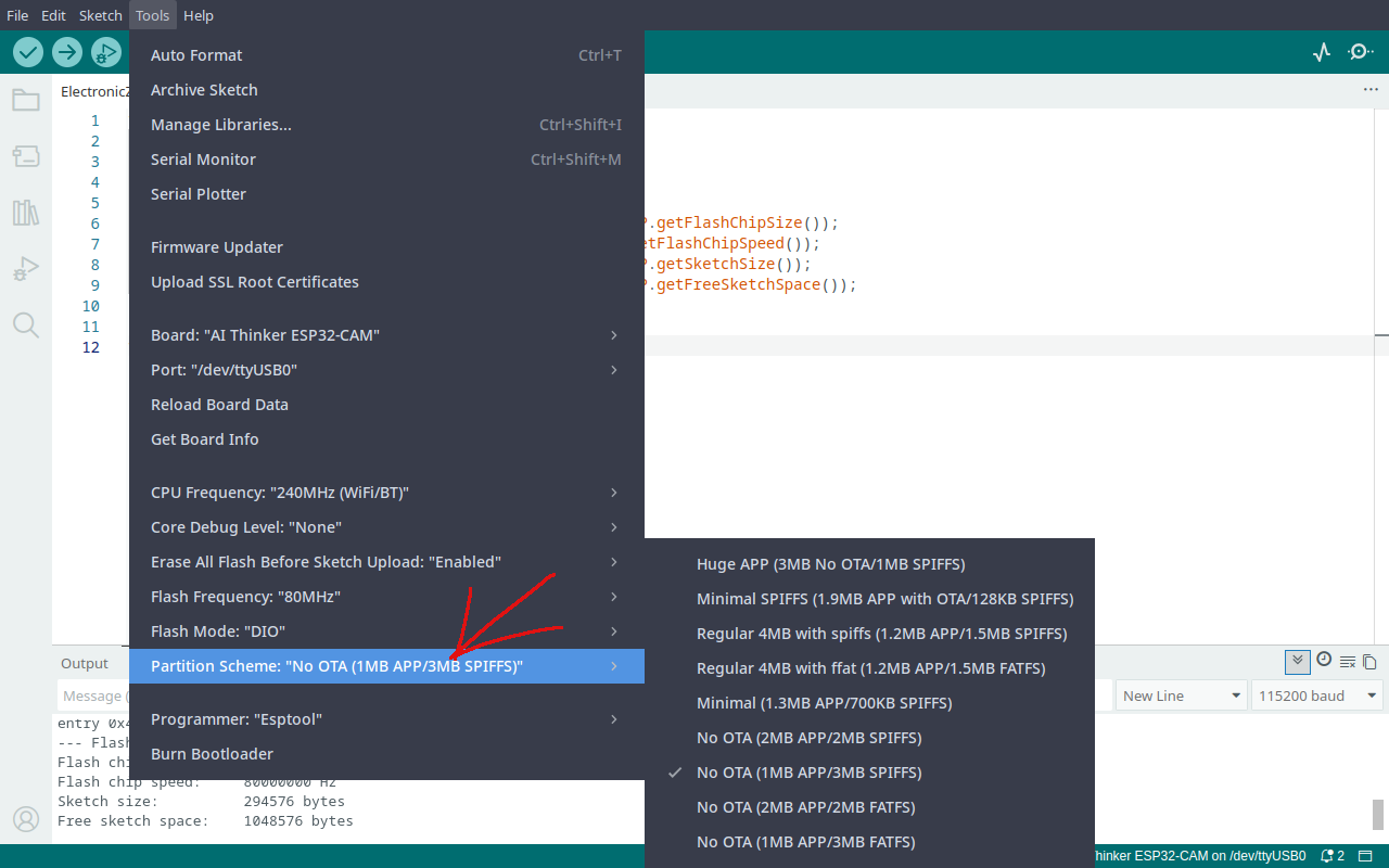 Arduino IDE partition scheme dropdown with No OTA 1MB APP 3MB SPIFFS selected