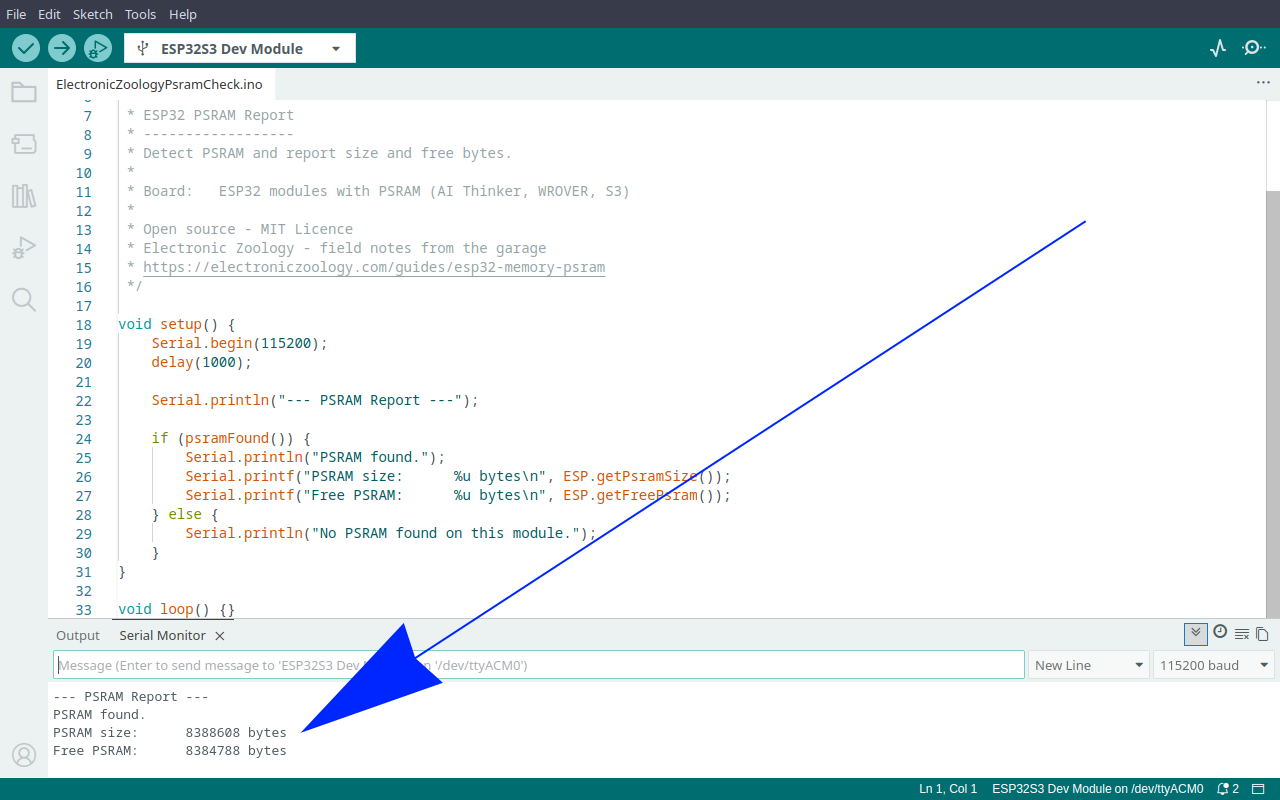 Arduino IDE serial monitor showing PSRAM report output - PSRAM found, 8MB size, free PSRAM on ESP32-S3