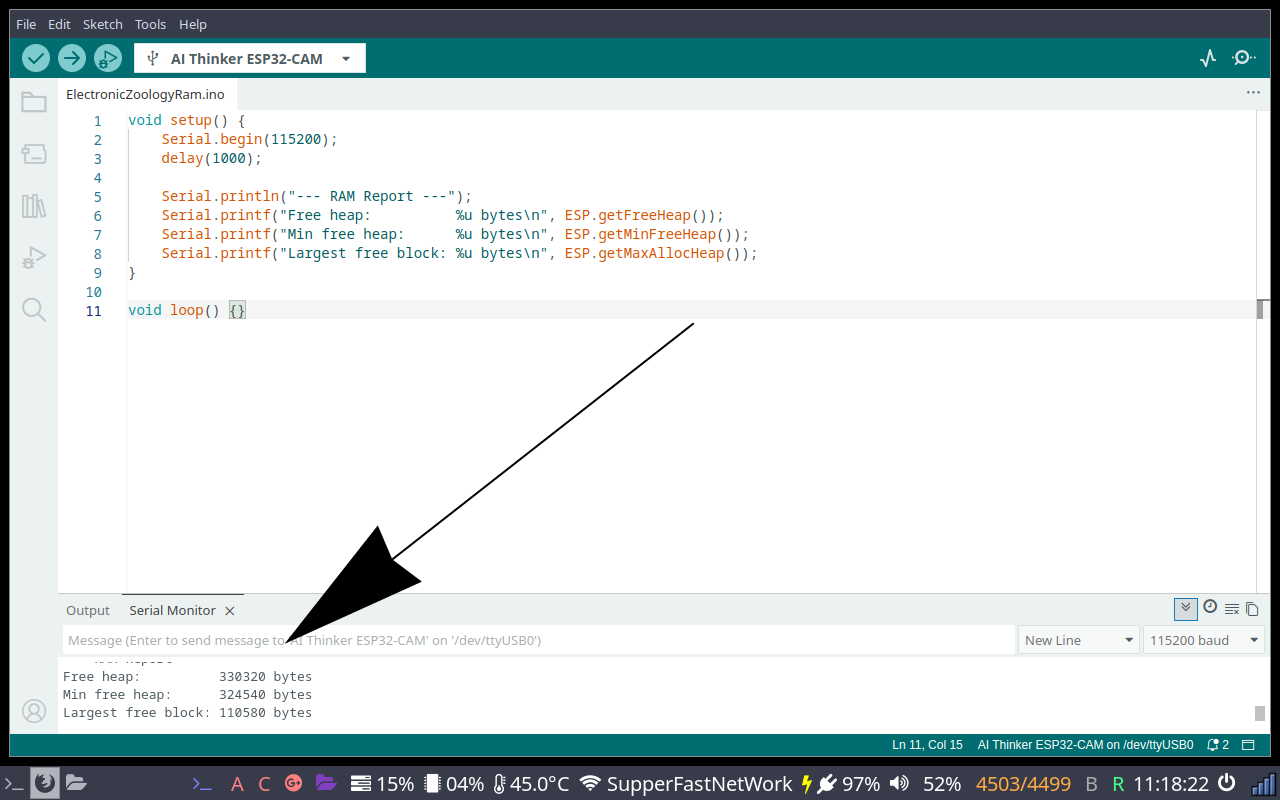 Arduino IDE serial monitor showing RAM report output with free heap, min free heap and largest free block