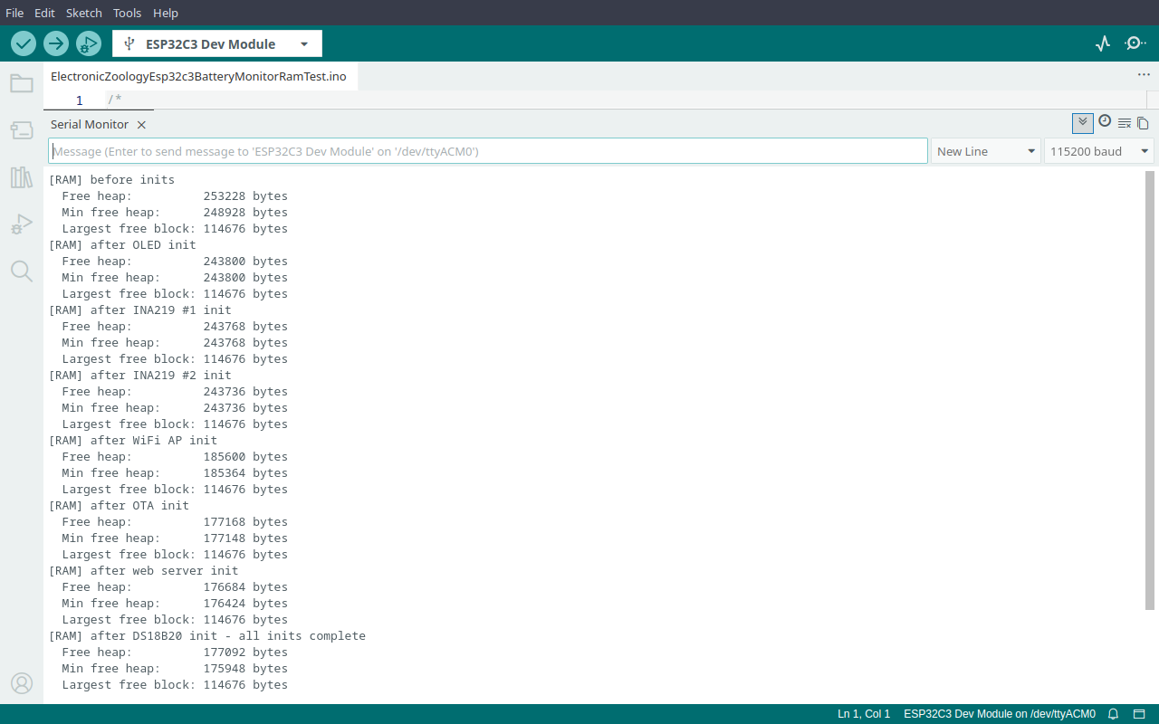 Arduino IDE serial monitor showing RAM report at each init step - OLED, INA219, WiFi, OTA, web server, DS18B20