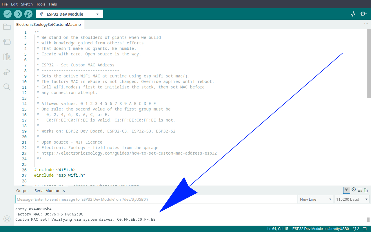 Arduino IDE Serial Monitor showing factory MAC and custom coffee MAC C0:FF:EE:C0:FF:EE set successfully