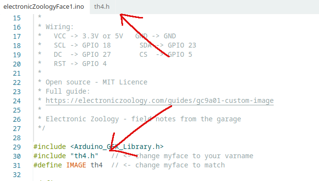Arduino IDE showing the two lines to change - the include and define at the top of the sketch