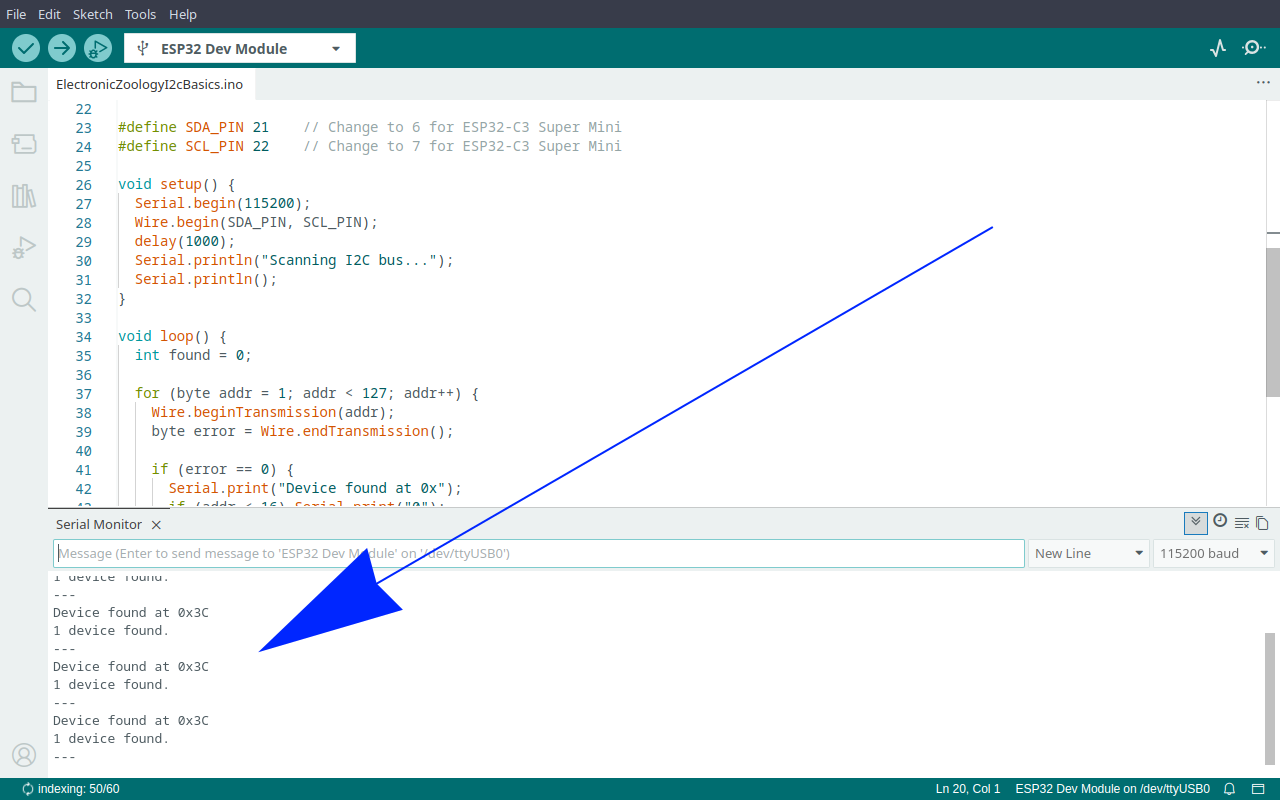 Arduino IDE serial monitor showing Device found at 0x3C for an SSD1306 OLED