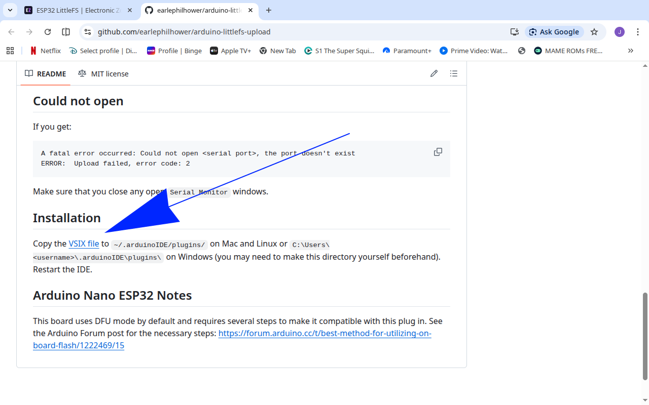 GitHub README showing the Installation section with an arrow pointing to it