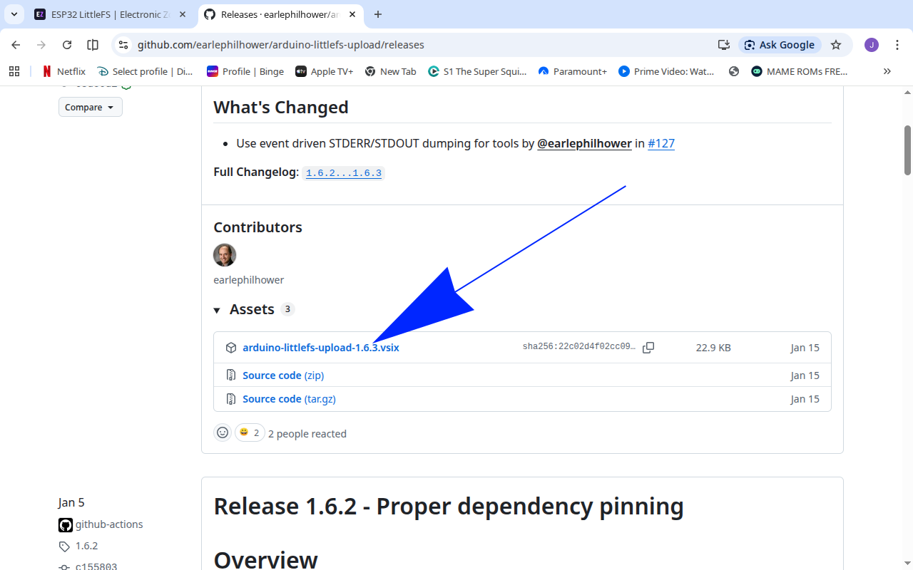 GitHub releases page showing the .vsix file in the Assets section