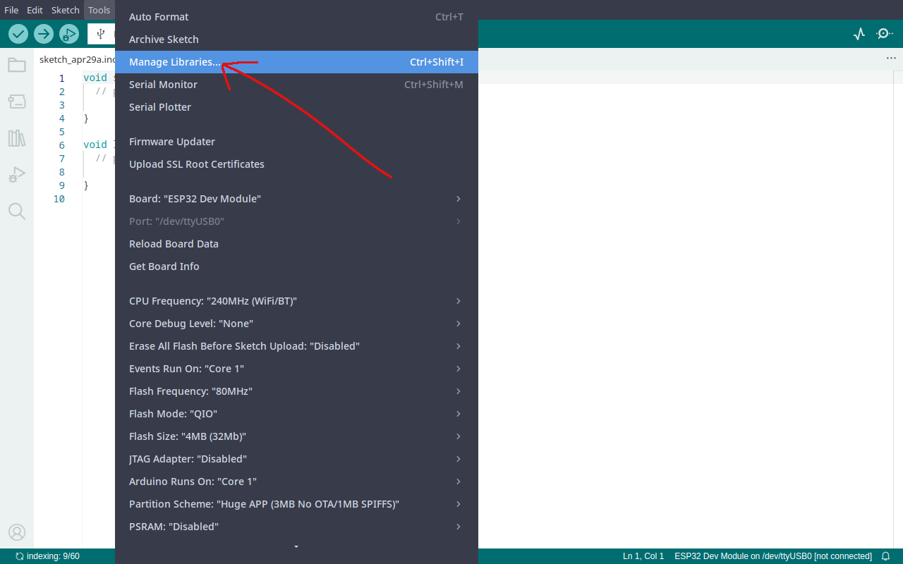 Arduino IDE Tools menu with Manage Libraries highlighted