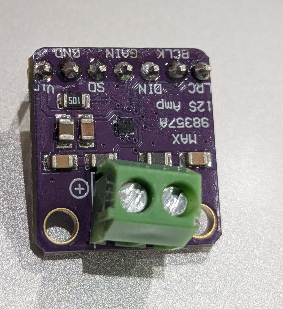 MAX98357A module front showing pin labels