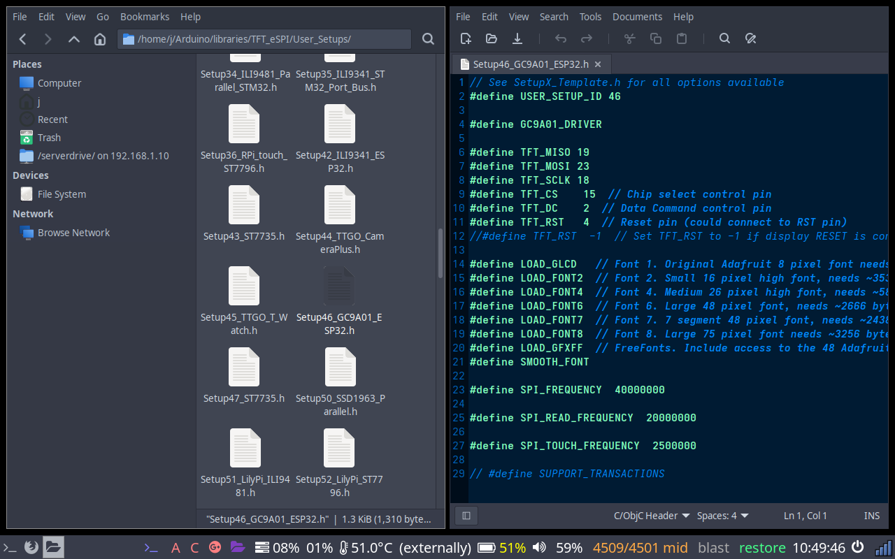 Setup46_GC9A01_ESP32.h showing the default pin definitions